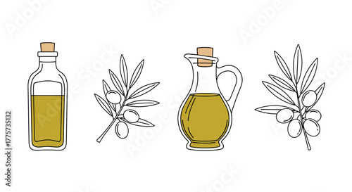 Minimalist hand-drawn illustration showcases olive oil bottles, jars, and olive branches with fruit, perfect for Mediterranean cuisine concepts.