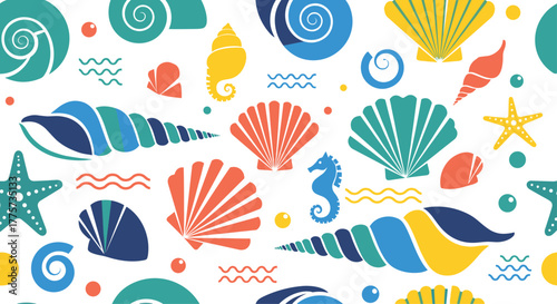 Vibrant and lively underwater pattern with various seashells, starfish, and seahorse, creating a dynamic ocean-themed background for summer designs.