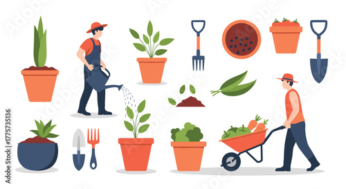 Joyful gardening activities with people watering plants, planting seedlings, and harvesting fresh vegetables into a wheelbarrow, set for green thumbs.
