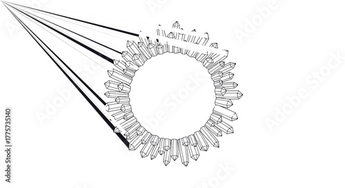 Abstract circular frame composed of numerous crystals with sharp lines, casting dramatic shadows against a white background.