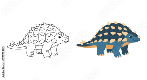 Line art illustration of a cute cartoon ankylosaurus for coloring alongside its vibrantly colored version, ready for play.