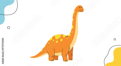 Adorable and friendly orange brachiosaurus, with its long neck and playful spotted design, standing on a white background with abstract shapes.
