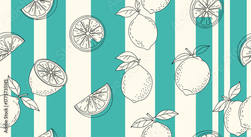 Vibrant seamless pattern with hand-drawn outline lemons and half-lemons set against a dynamic blue and white striped background.