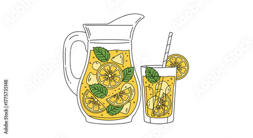 Refreshing pitcher and glass of lemonade with ice, lemon slices, and fresh mint leaves, depicting a cool beverage on a white background.