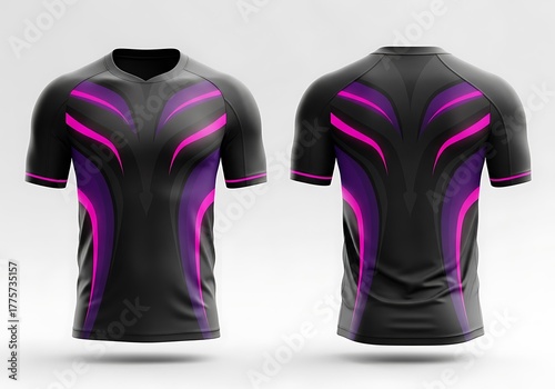 Black athletic t-shirt mockup with vibrant purple and pink futuristic graphic design. Front and back views for sportswear templates, team jerseys, or esports apparel