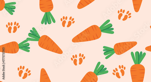 Delightful seamless pattern showcasing scattered carrots and small animal paw prints on a light background, ideal for kids' and nature themes.