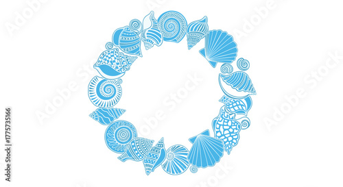 Decorative circle frame comprised entirely of various blue seashells and spiral mollusk shells, offering an elegant border for nautical designs.
