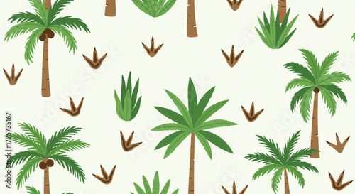 Lush tropical dinosaur jungle pattern, featuring palm trees, various foliage, and dinosaur footprints, perfect for prehistoric adventure themes.