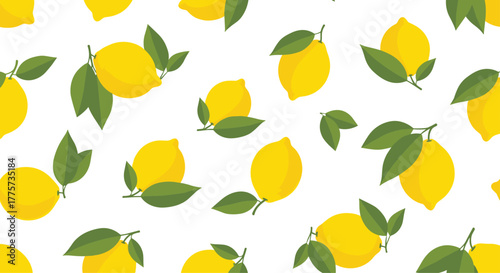 Bright and refreshing seamless pattern of yellow lemons with vibrant green leaves, ideal for kitchen, food, and summer-themed designs.