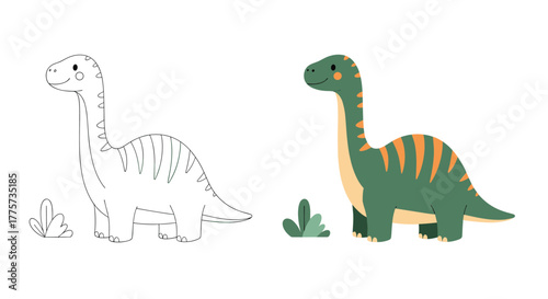 Comparative image showing a cute cartoon brachiosaurus in both outlined and colored versions, suitable for children's coloring and learning materials.