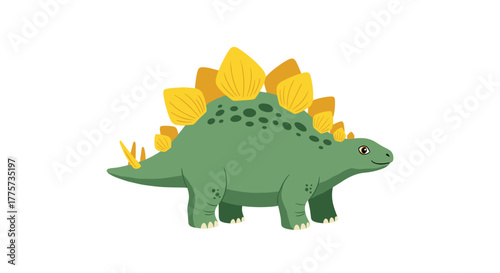 Friendly and cute cartoon stegosaurus, depicted in green with yellow plates and spikes, a beloved prehistoric creature for children's designs.
