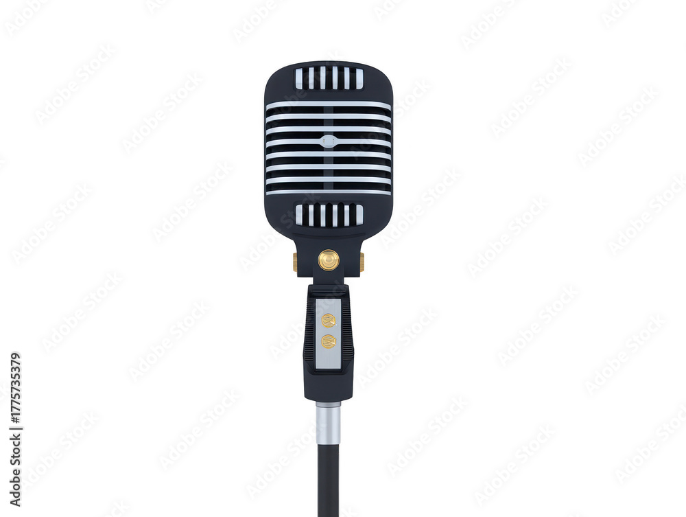 Fototapeta premium Vintage microphone with black and silver metal body, gold accents, and retro design, isolated on transparency background, evokes nostalgia and classic music performance