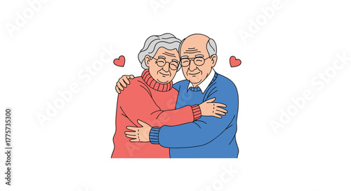 Touching illustration of a senior couple embracing lovingly, radiating warmth, happiness, and enduring affection, suitable for family and relationship themes.