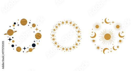 Three mystical circle frames with celestial themes: planets and stars, radiant stars, and a sun with moon phases, perfect for astrology and cosmic designs.