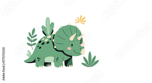 Cute cartoon triceratops dinosaur surrounded by green plants and leaves on a simple white background.