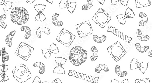 Seamless pattern showcasing various Italian pasta shapes including macaroni, farfalle, and ravioli, in a line art style.