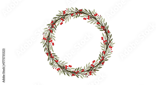 Festive watercolor wreath of green leaves and red berries, conveying traditional holiday charm and seasonal warmth for greeting cards.
