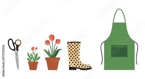 Essential gardening tools and items: sharp scissors, two potted tulip plants, a polka-dotted boot, and a green apron.