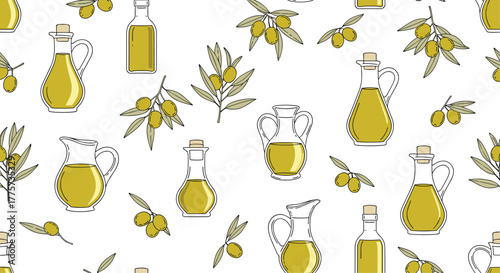 Seamless pattern depicting glass bottles and jugs filled with olive oil, adorned with olive branches and fruits.