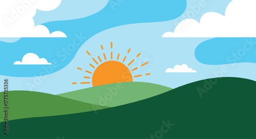 Vibrant landscape showcasing rolling green hills beneath a bright blue sky with fluffy white clouds, and a rising orange sun.