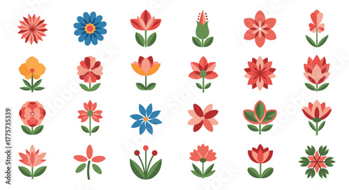 Extensive collection of 20 minimalist floral icons, showcasing various abstract flowers in a vibrant flat design, perfect for spring and nature themes.