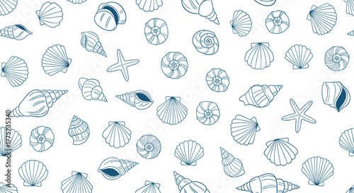 Detailed seamless pattern of hand-drawn seashells and starfish in various styles, capturing the essence of the ocean and beach on a clean background.