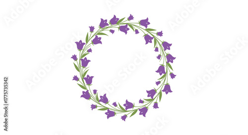 Elegant floral wreath designed with charming purple bellflowers and lush green leaves, ideal for decorative purposes.