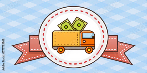 Cash delivery truck icon. Financial transport service badge. Business logistics and money transfer concept. Banking or payroll van for secure payment.
