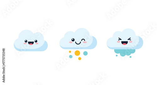Set of three cute cartoon clouds with happy expressions, one smiling, one winking, and one laughing with rain effects.