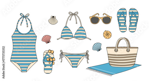 Vibrant beach set for a summer holiday, featuring blue and white striped swimsuits, flip-flops, sunglasses, a bag, towel, and seashells.