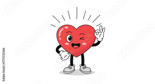 Whimsical cartoon heart mascot with an eye and wink, making an "okay" hand gesture, showcasing positive emotion.