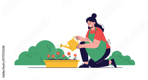 Woman diligently watering potted red flowers in a garden, reflecting the joy of gardening and nature care.