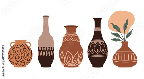 Stylish collection of five rustic boho ceramic vases in earthy tones and ethnic patterns, perfect for bohemian interior design.