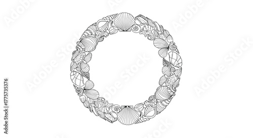 Ornate line art circular wreath meticulously composed of various intricately drawn seashells, reflecting marine elegance.