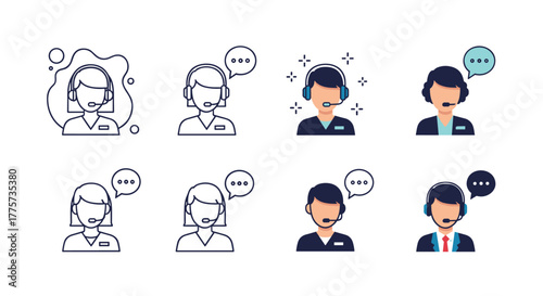 Collection of eight male and female customer support representatives in varied art styles, all with headsets and speech bubbles.
