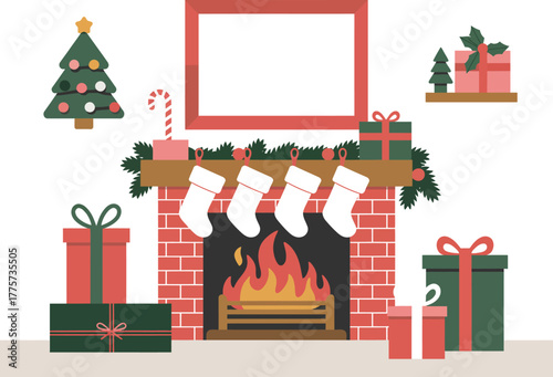 Cozy Christmas fireplace with stockings hung by the chimney and festive gifts piled high