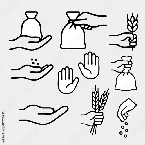 Gestures Icons. A series of black and white drawings of hands holding bags of food. The drawings convey the idea of giving and receiving food, and the mood is one of generosity and kindness