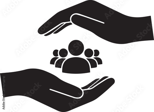 Black silhouette of two cupped hands protecting a group of people icons on white background