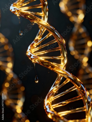 Stunning visualization of a golden liquid DNA helix with glistening drips, representing genetic science and premium cosmetic ingredients.
