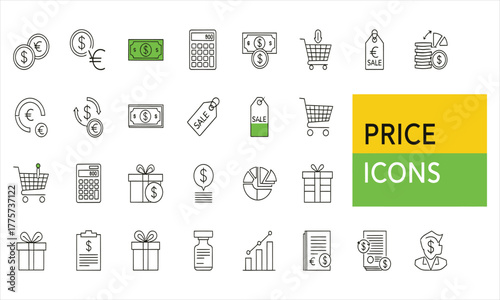 Set of Various Icons Representing Price, Finance, and Shopping Concepts