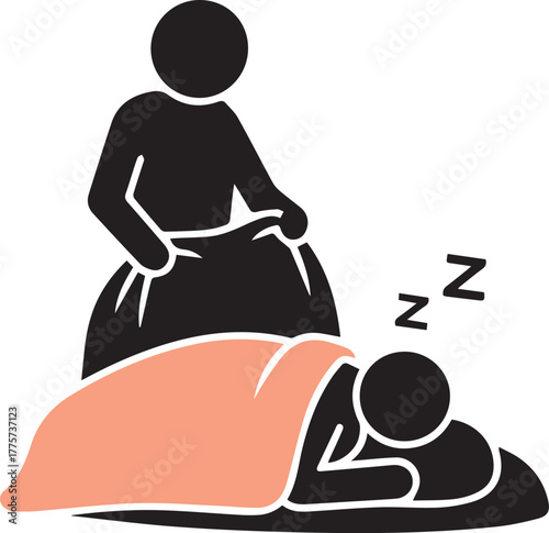 Person tucking another person into bed with sleep symbols bedtime tucking in