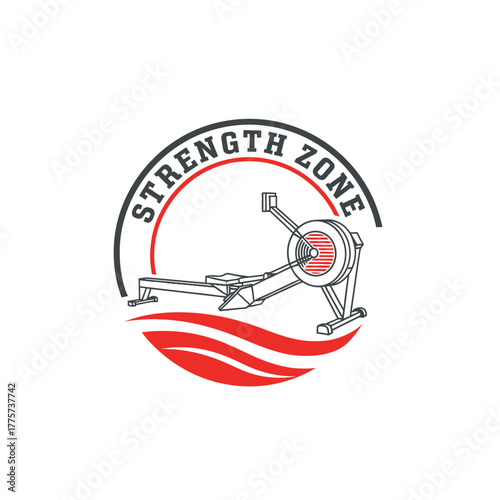 Dynamic rowing machine emblem for strength and fitness enthusiasts
