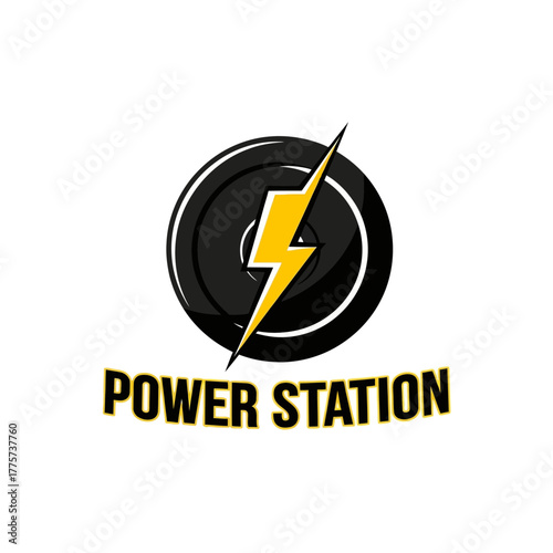 Energetic Power Station Emblem: Bold Lightning Bolt and Disk Design