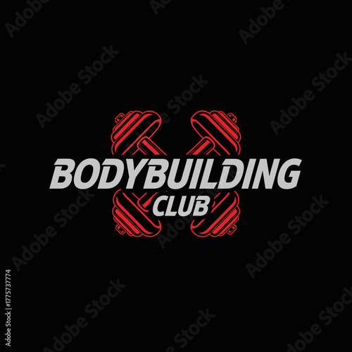Bold Bodybuilding Club Emblem with Weight Training Equipment