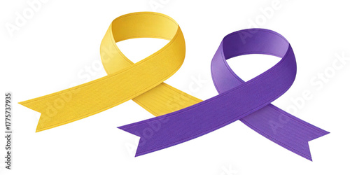 Yellow and purple awareness ribbons isolated. Symbol of support for cause or charity campaign. Hope and solidarity for health issues. Realistic fabric.