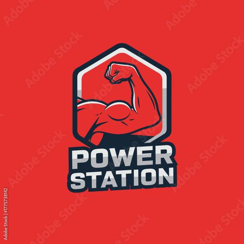 Muscular Arm Strength Logo for Power Station Fitness Brand Identity