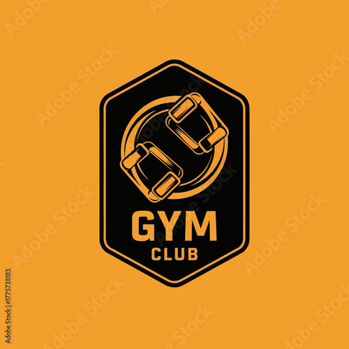 Bold vintage gym club logo design with dumbbells and hexagonal frame
