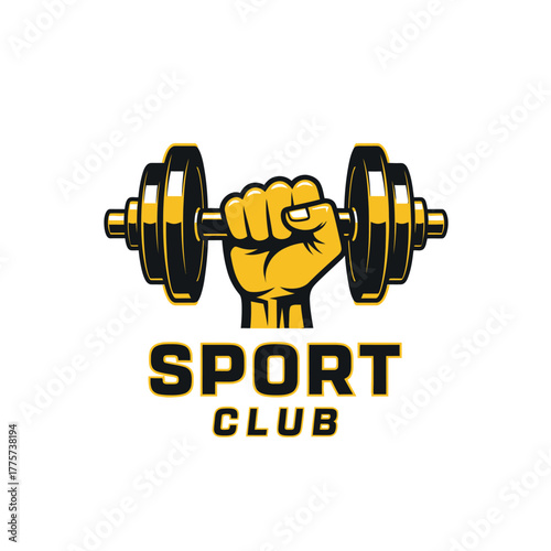 Vibrant sports club emblem featuring a strong hand gripping a dumbbell