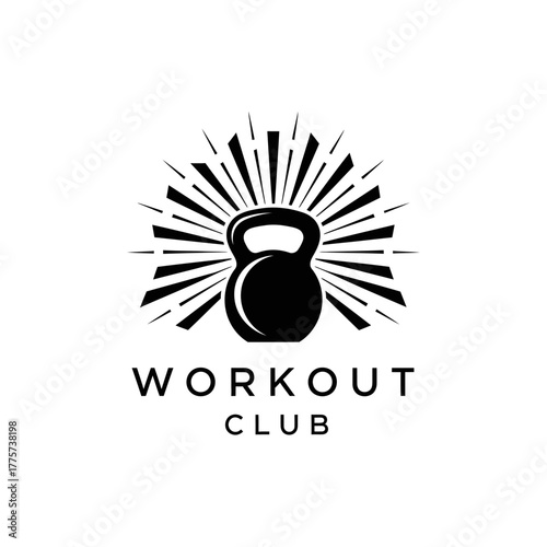Bold monochromatic kettlebell club emblem with radial burst design