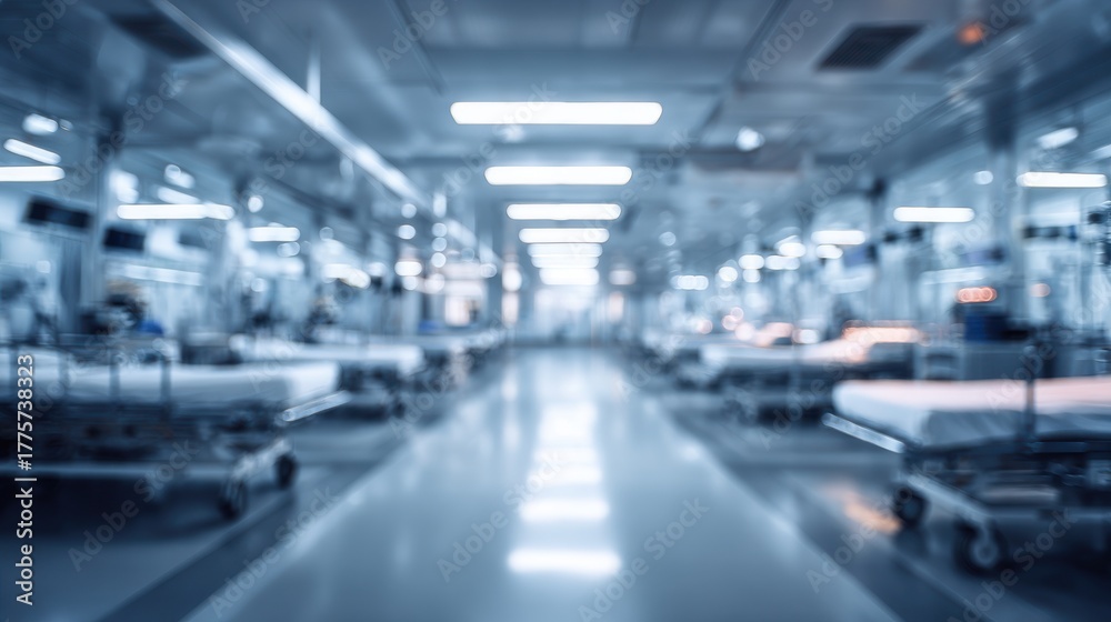 Fototapeta premium Blurred intensive care unit with beds and medical equipment in hospital